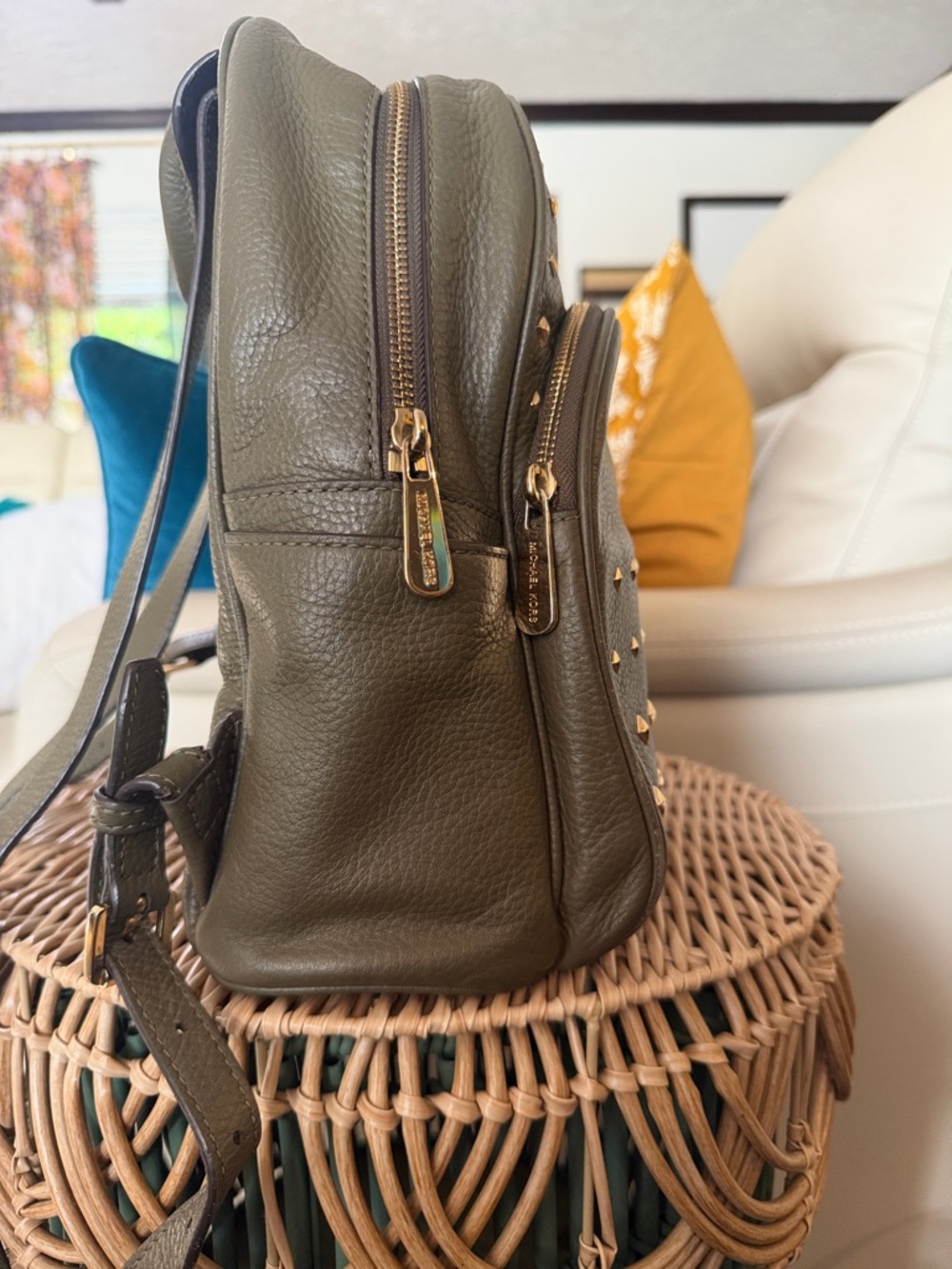 Michael Kors Olive Green Leather Studded Backpack - Picture 4 of 11